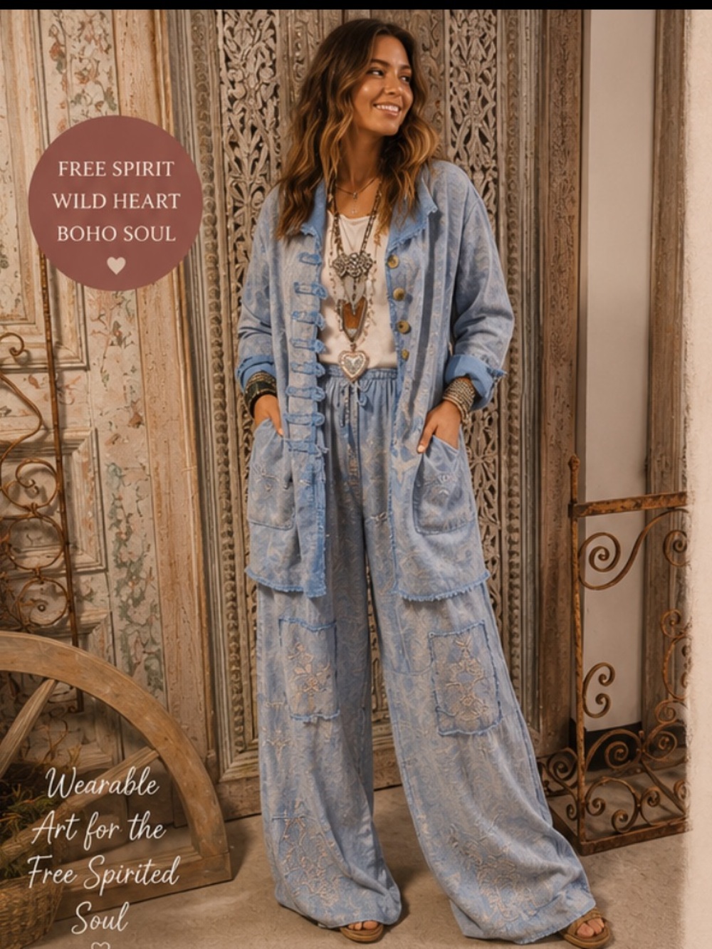 A RARE BIRD Tinsel Dream Light Blue Embroidered Jacket & Wide-Leg Pants Set